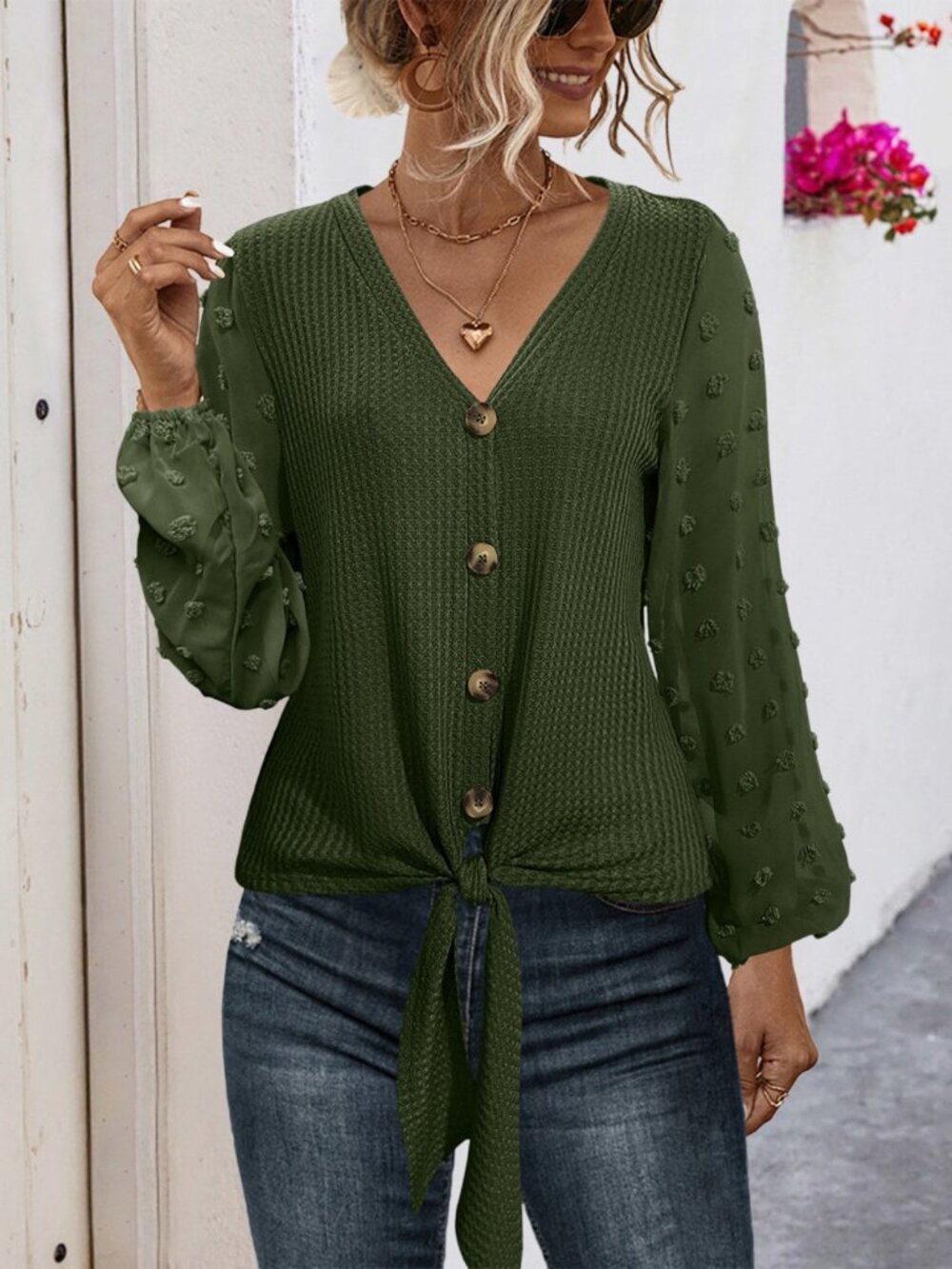 Tied Swiss Dot V-Neck Long Sleeve Blouse NWT Size S